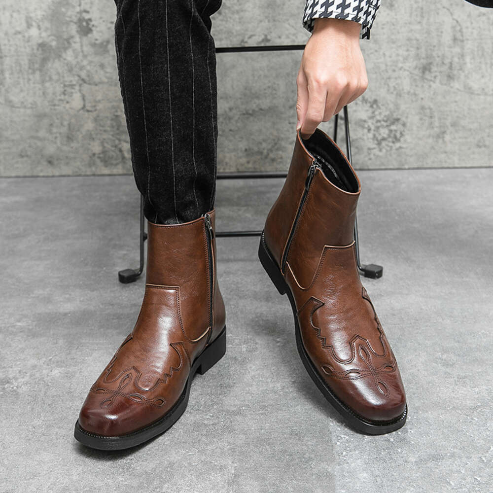 Men de glissière Vintage Cowboy en cuir en cuir haute chaîne Punk Chaussures Bottes de cheval de la mode HOMME