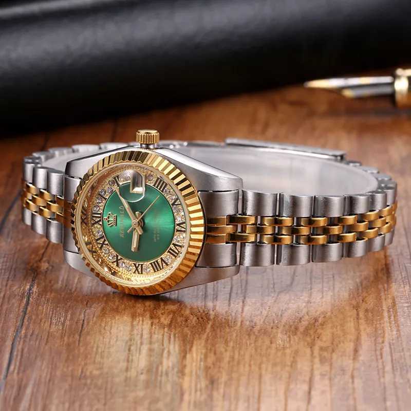 Wristwatches Reginald Watch Luxury Fashion Green Face Diamond Watches For Women Stainless Steel Auto Date Quartz Ladies dames horloge d240417