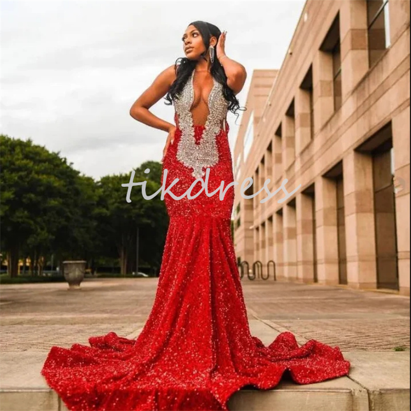 Sparkly Red Sequin Prom Dresses For Black Girls 2024 Plus Size Aso Ebi Mermaid Evening Gowns Diamond Crystal Formal Birthday Party Vestido De Fiesta Feminino Luxo