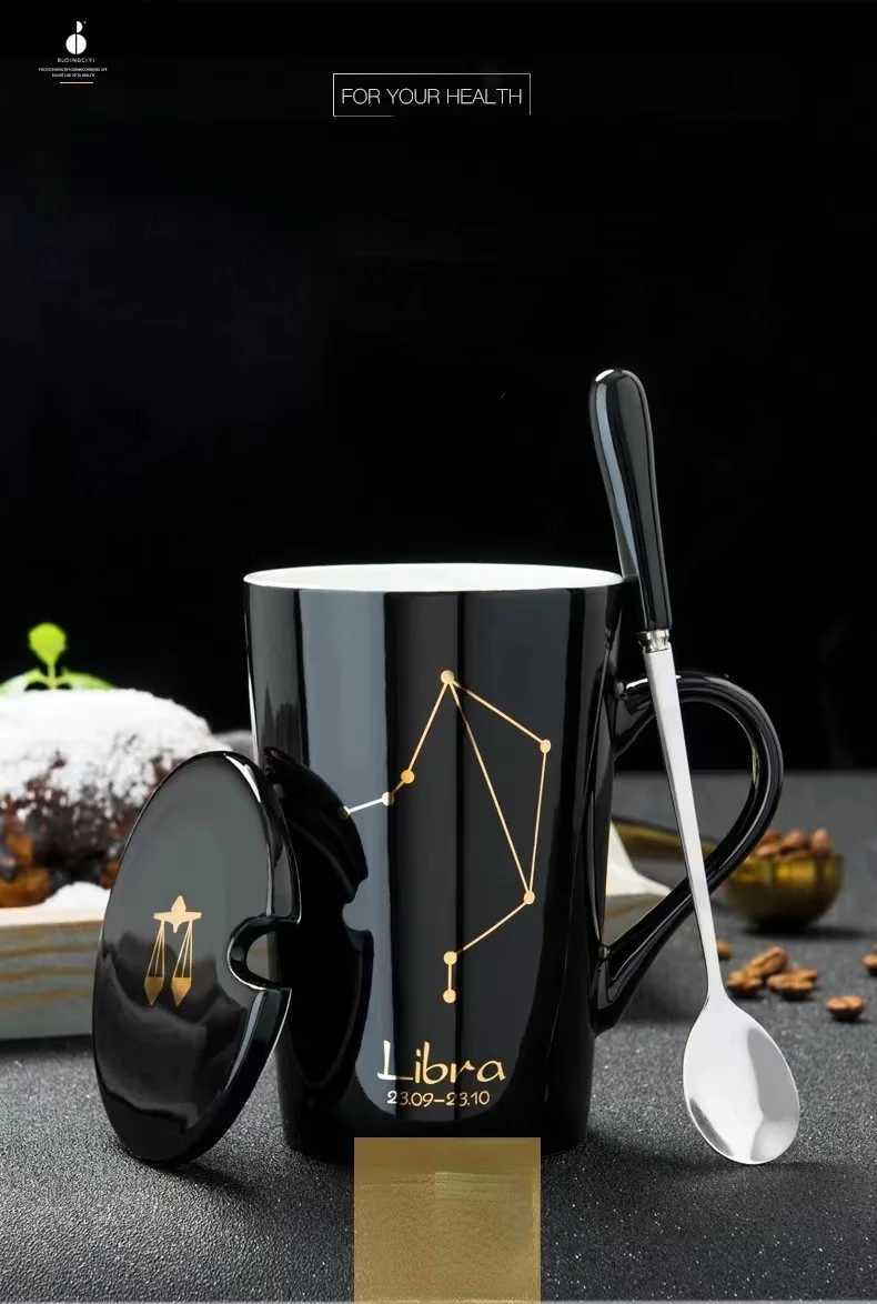 Mokken keramische mokken 12 sterrenbeelden Creatieve mokken met lepel deksel zwarte mok porselein zodiak melk koffiekap drinkwarekaren cadeau 240417