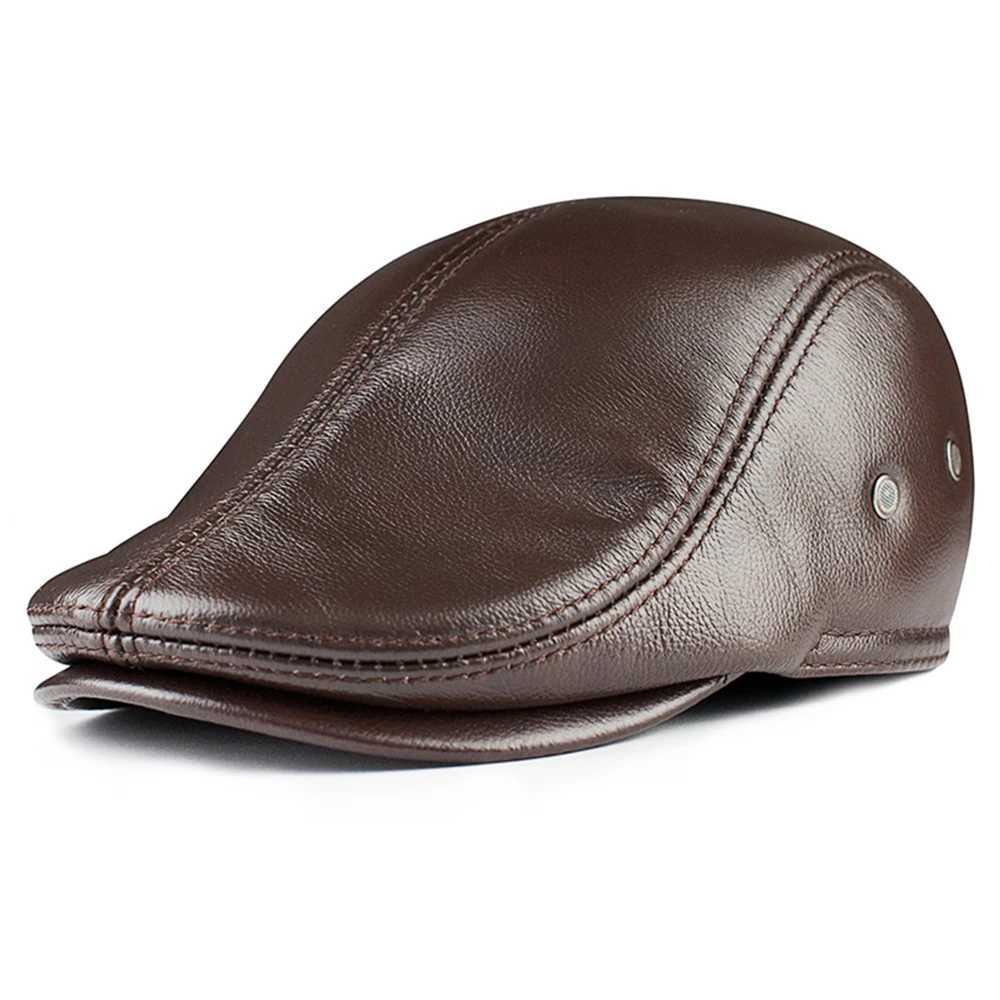 Berets La Spezia Cowskin Mens Beret Real Кожаная крышка коричневая кепка коричневые ушные изделия теплые осенние зимние бренд водитель бренда Ivy Hateboy D24417