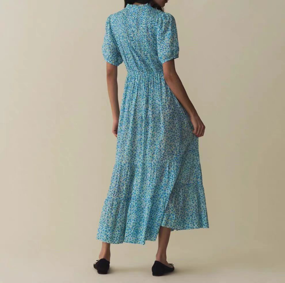French Doen Haleigh 2024 Été Nouveau robe à imprimé floral bleu rétro