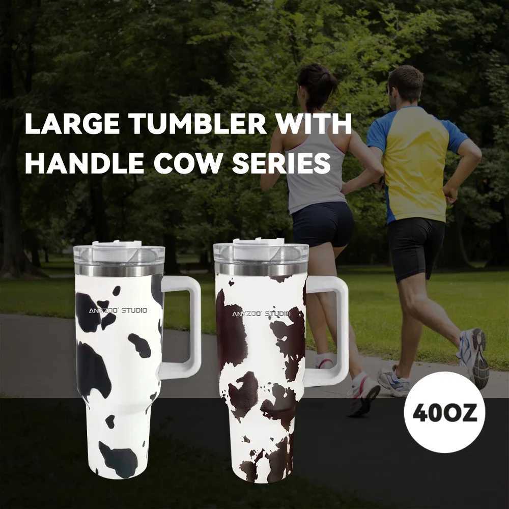 Mugs 40 oz tumbler with handle with Straw Lids Stainless Steel Coffee Termos Cups Car Mugs vacuum cup Cute Cow Print Thermos Cup 240417