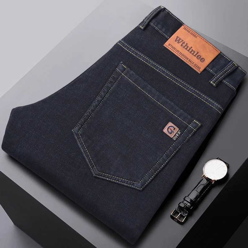 Мужские джинсы Wthinlee Новый бизнес мужская мужская повседневная мода Classic Blue Black Work Denim Брюки мужской бренд одежда D240417