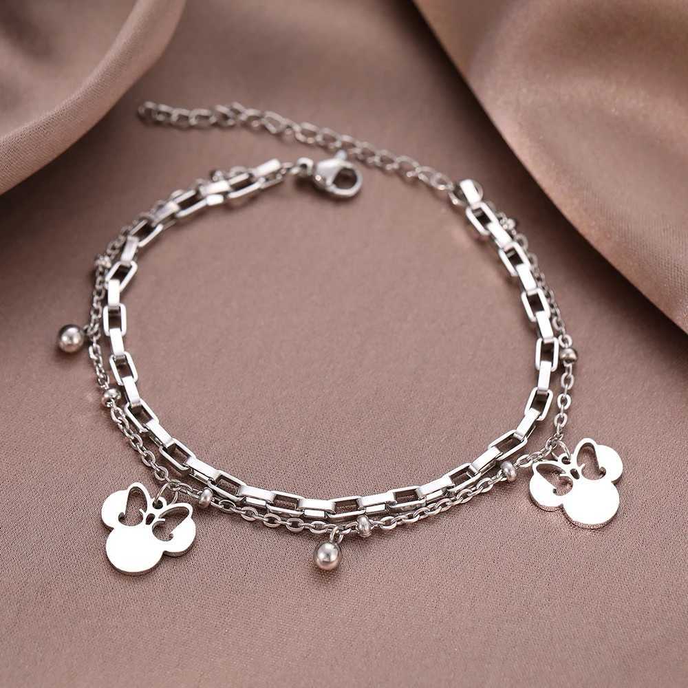 Bangle Stainless Steel Bracelets Cute Cartoon Anime Bow Mouse Pendant Bells Beads Layer Chain Bracelet For Women Jewelry Party GiftsL240417