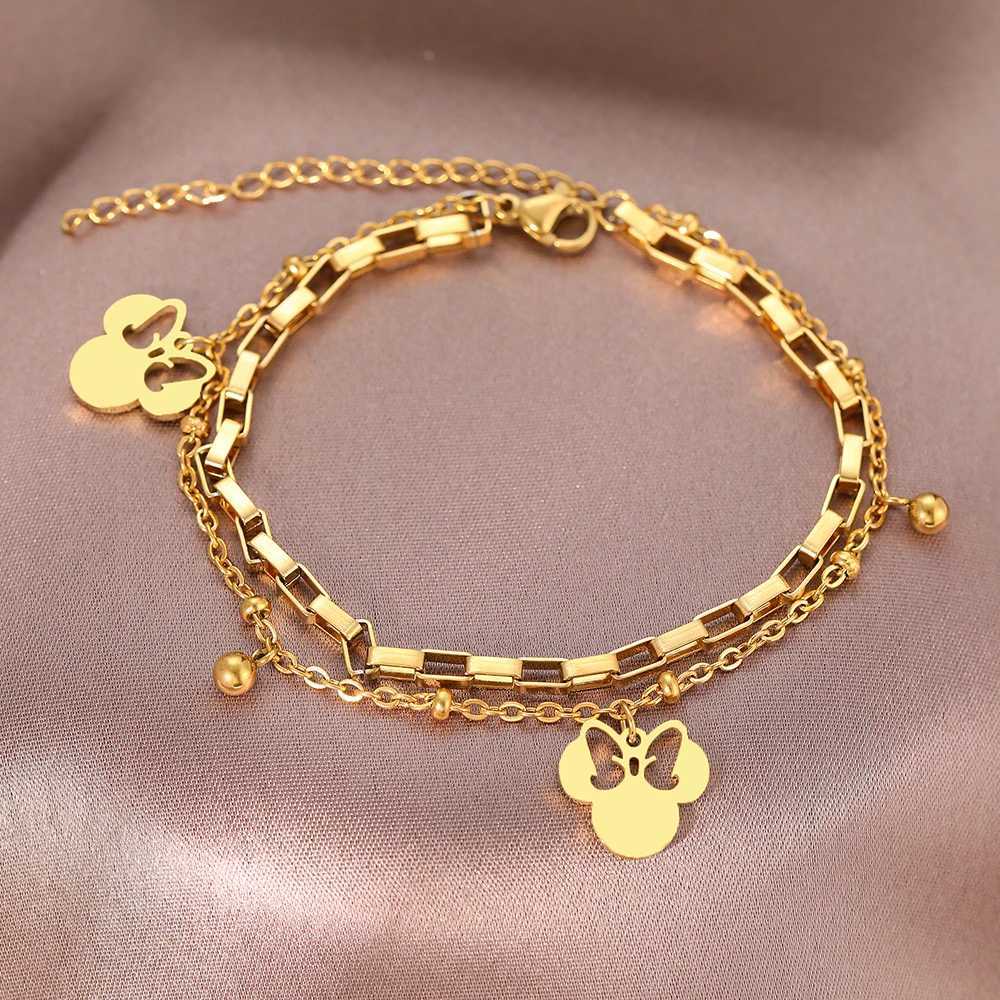 Bangle Stainless Steel Bracelets Cute Cartoon Anime Bow Mouse Pendant Bells Beads Layer Chain Bracelet For Women Jewelry Party GiftsL240417