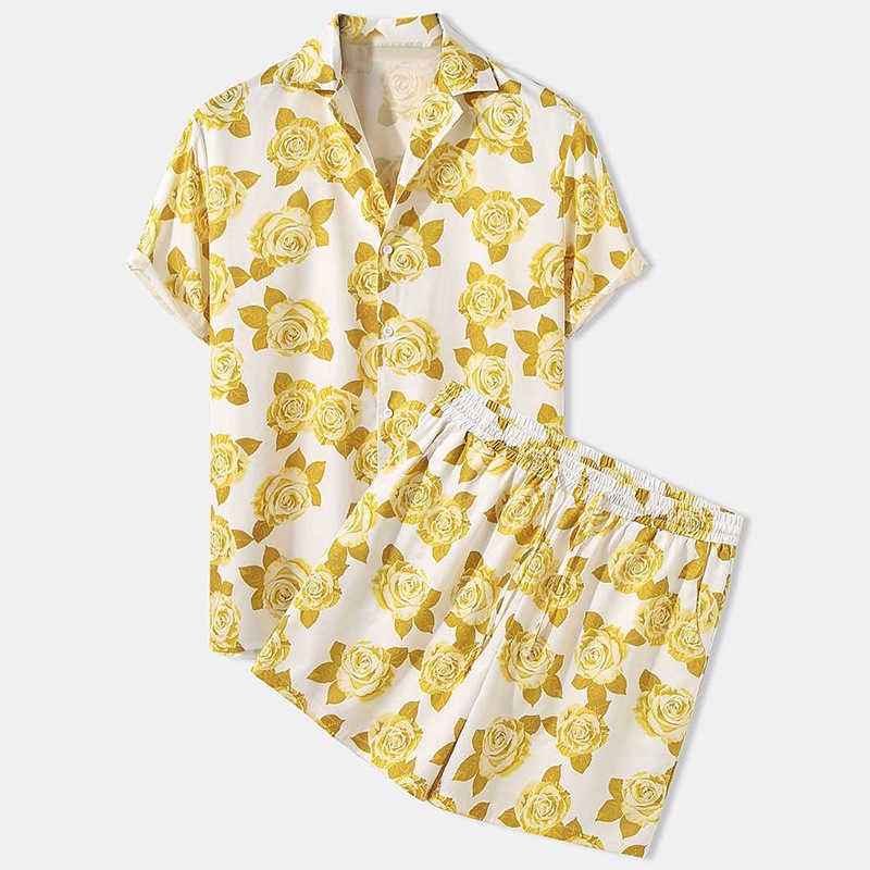 Herren Hawaii Beach Style Set Blattdruck Shorts Kurzarm Kubanische Nackenhemd zweiteilige