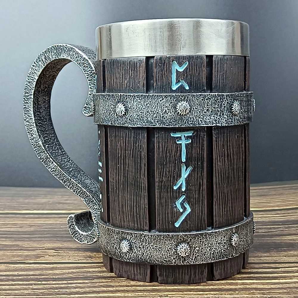 Mugs Viking Vintage Oak Barrel Beer Mug Stein with Stainless Steel Liner Coffee Cup Tea Mug Large Capacity Mug Pub Bar Party Gift 240417