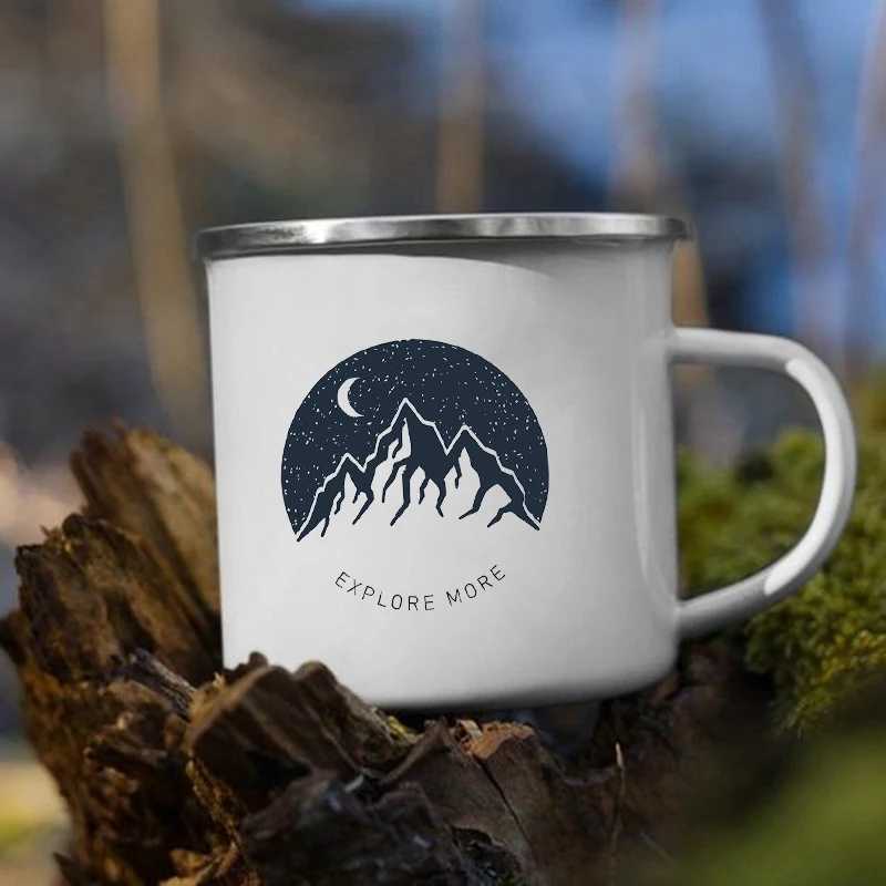 Mugs Night Forest Mountain Print Emamel Creative Coffee Tea Water Milk Cups Camping Mugs Hantera Drinkware Vacation Handing Mug Gift 240417