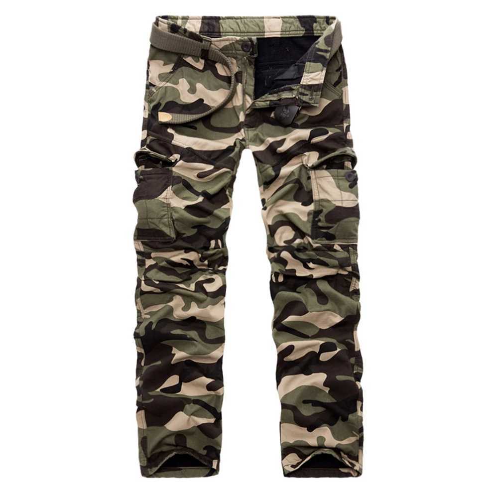 Mäns jeans Hohigh-kvalitet Mens Jeans kamouflagjaktbyxor Multi-Pocket Army utan bälte D240417