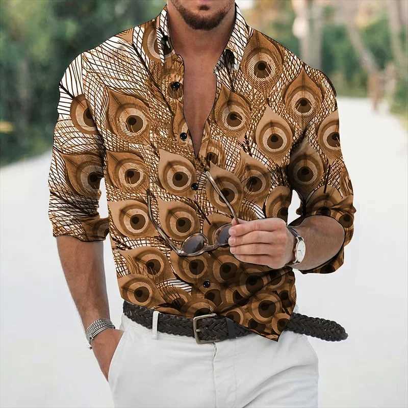 5 Kax Men's Disual Disrts 2024 New Peacock Tail 3D Printed Mens Shirt with Polo Long Sleeve S-6XL Four Way Fabric 24416
