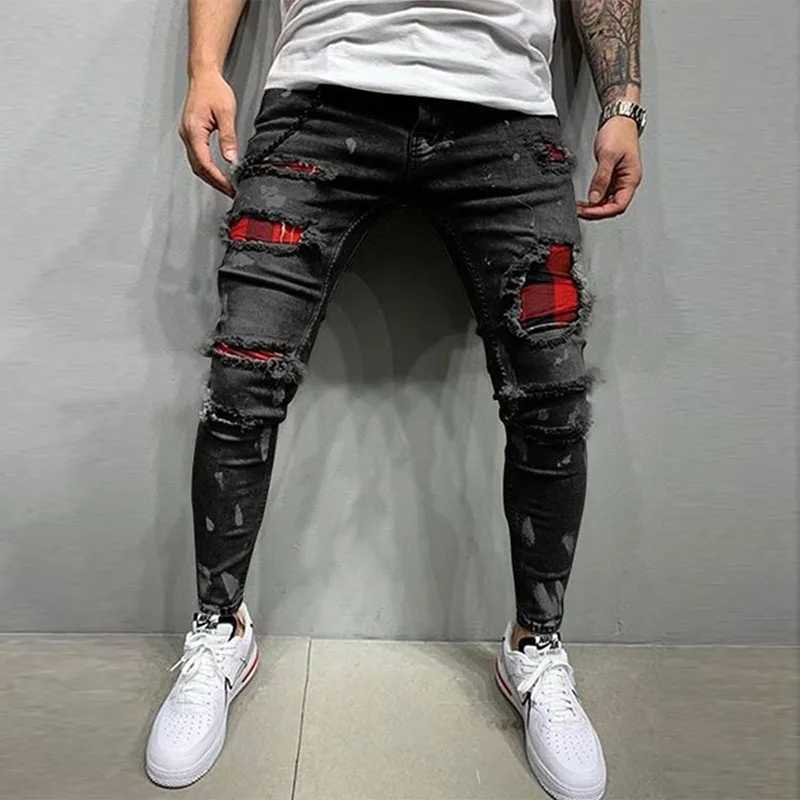 PEEW Men's Jeans New Mens Skinny Ripped Fashion Grid Hole Endothecium Patches Slim Fit Stretch Casual Denim Pencil Pants Jogging Trousers d240417