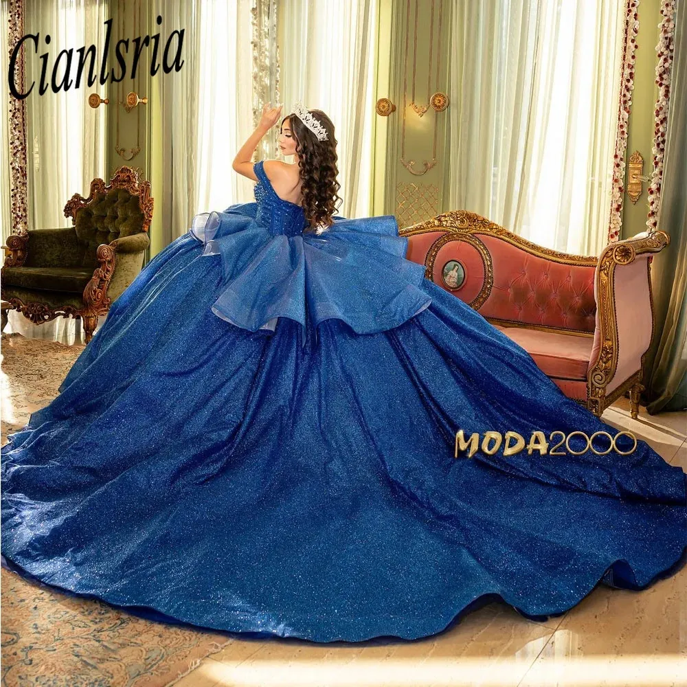 Royal Blue Glitter Crystal Beading Ball Gown Quinceanera Dress Off The Shoulder Ruffles Corset Vestidos De XV Anos