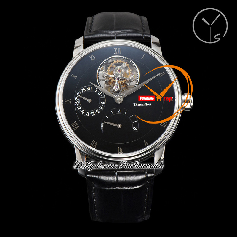 Villeret Real Tourbillon Hand Linding Mens Watch YSF V3 Power Reserve Mechanical 6025-3642-55B STEEL CASE DIAL Black Silver Roman Leather Edition Edition
