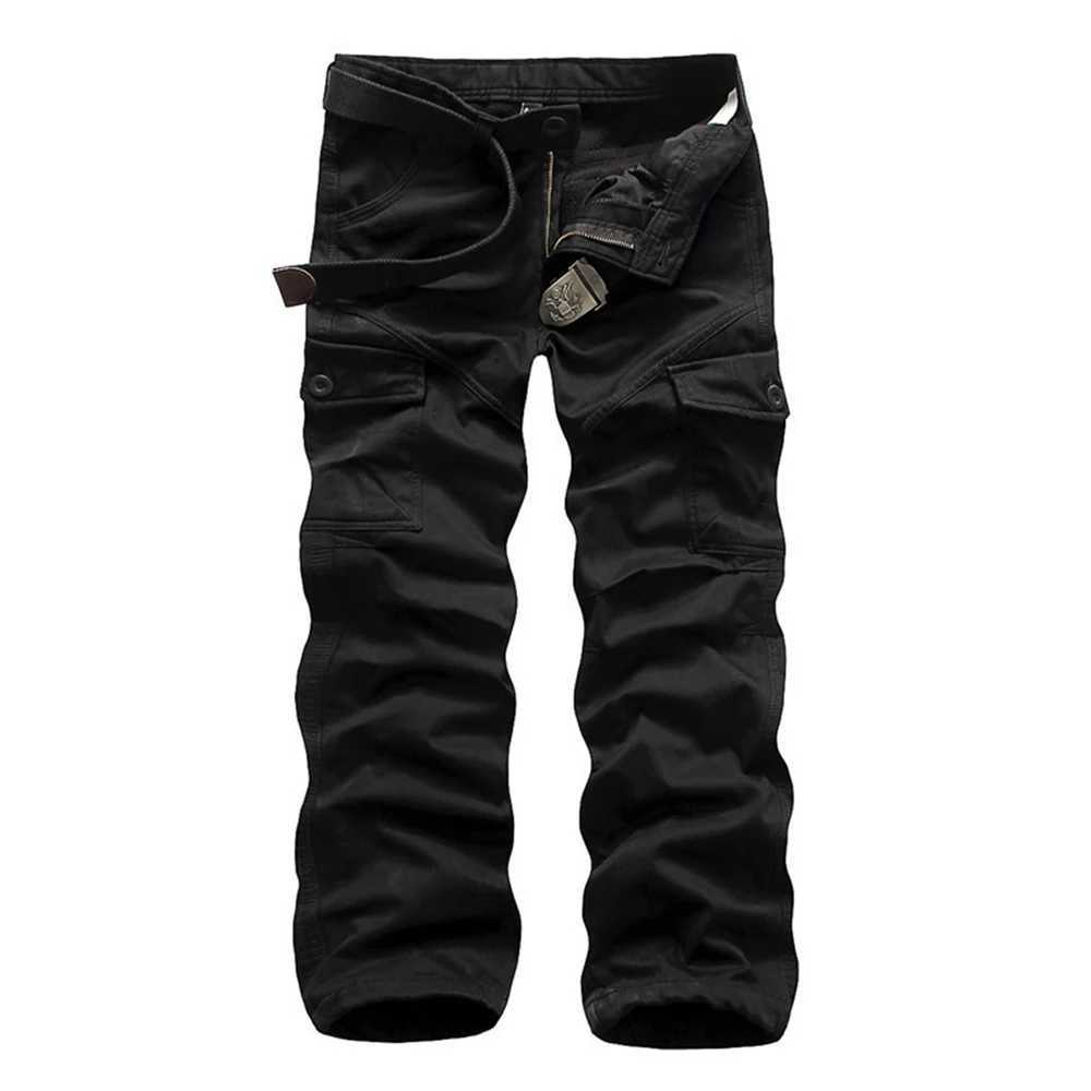 Mäns jeans Hohigh-kvalitet Mens Jeans kamouflagjaktbyxor Multi-Pocket Army utan bälte D240417