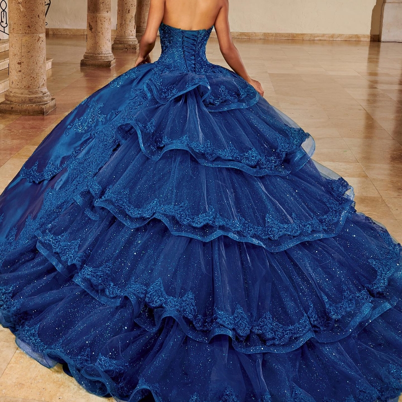 Luxury Navy Blue Shiny Quinceanera Dresses 2024 Vestidos De 15 Anos Off-Shoulder Applique Lace Beading Formal Princess Gown