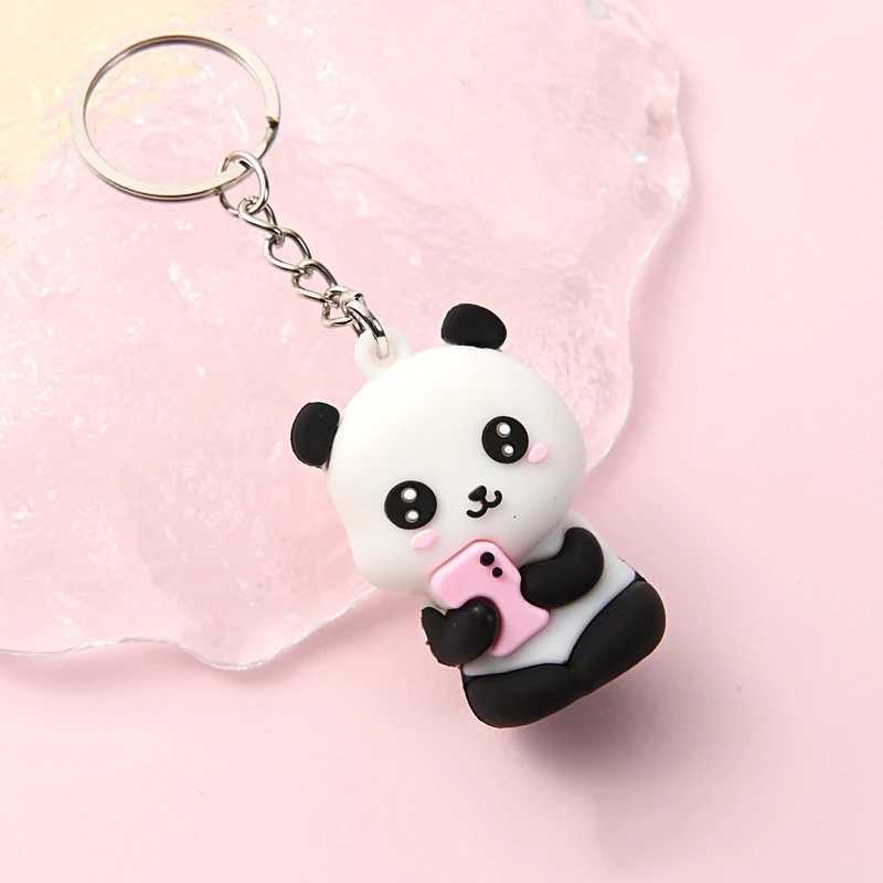 Keychains Lanyards New Cute Cartoon Couple Panda Keychain Pendant Car Bag Key Chains for Women Jewelry Gift d240417