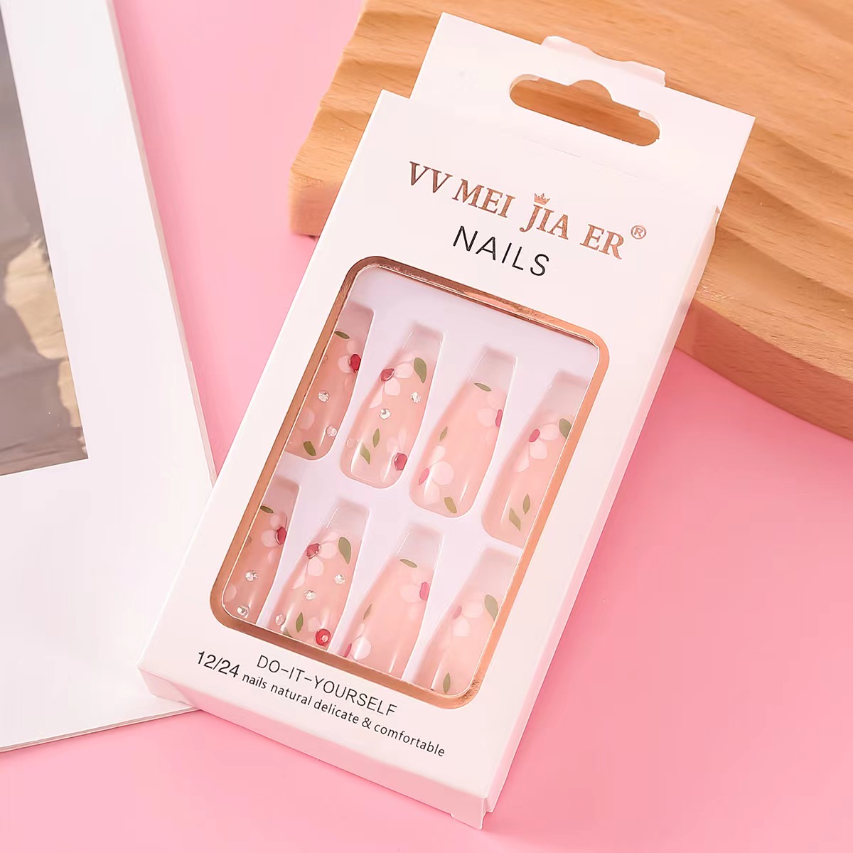 24 st glitter långa falska naglar mode full täckt bärbar balett falsk nagel med gelé lim klistermärken nagelkonstverktyg