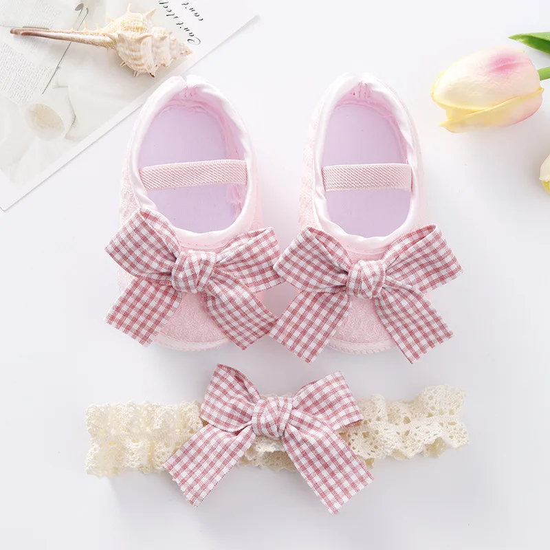 Cotton First Walkers schoenen voor pasgeboren babymeisjes peuter schoenen hoofdband set baby flats boogknoop hoofdband zachte zool niet-slip