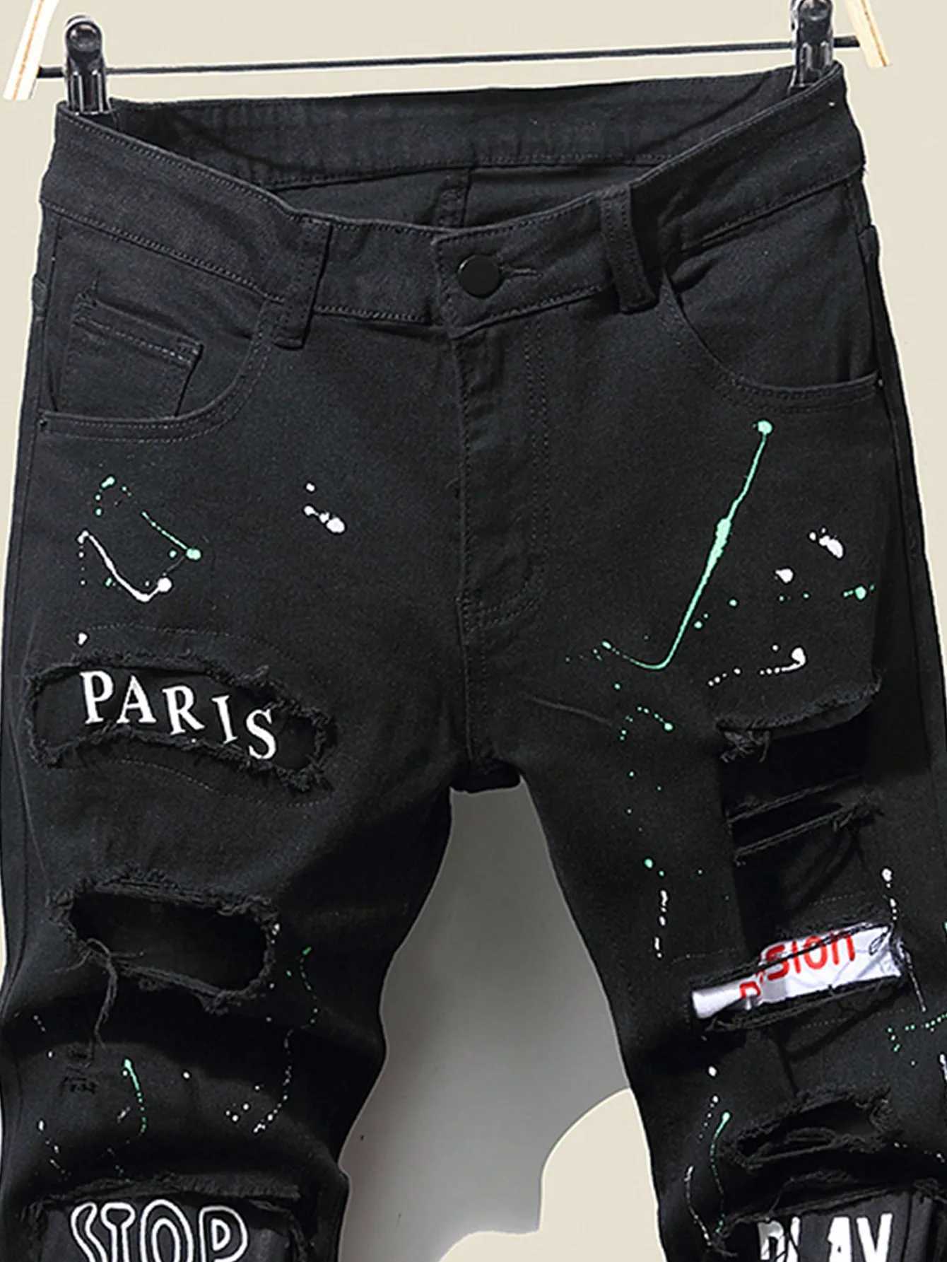 Jeans masculin, hommes, hommes plissés de streetwear plissés, trous de streetwear raboté patchwork en détresse pantalon denim mince pantalon skinny d240417