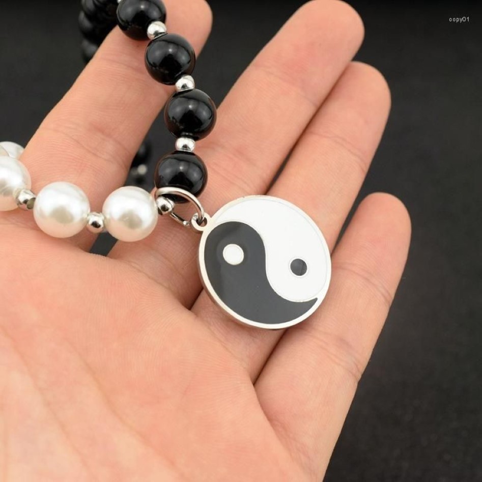 Choker Chokers Tai Chi Yin Yan Yang Pendant Charm White and Black Pearl Necklace for Women Men JewelryVintage203sのためのステンレス鋼