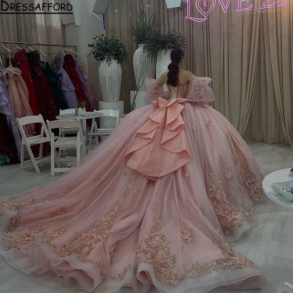 Pink Princess Quinceanera Dresses Gillter Sparkly 3D Floral Boning Publum Vestidos de 15 Anos Prom Sweet 16