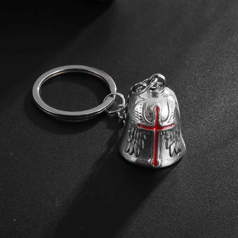 Keychains Lanyards Classic Angel Wings Red Cross Motorcycle Bell Keychain Mens Motorcycle Rider Exorcist Amulet Jewelry Accessories d240417