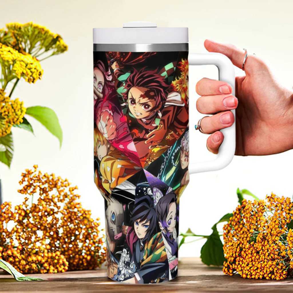 Mugs Travel Mugs Demon Slayer Graphic Anime Stainless Steel Drinkware Thermal 40oz/1200ml Large Capacity Handle Car Cup Birthday Gift 240417