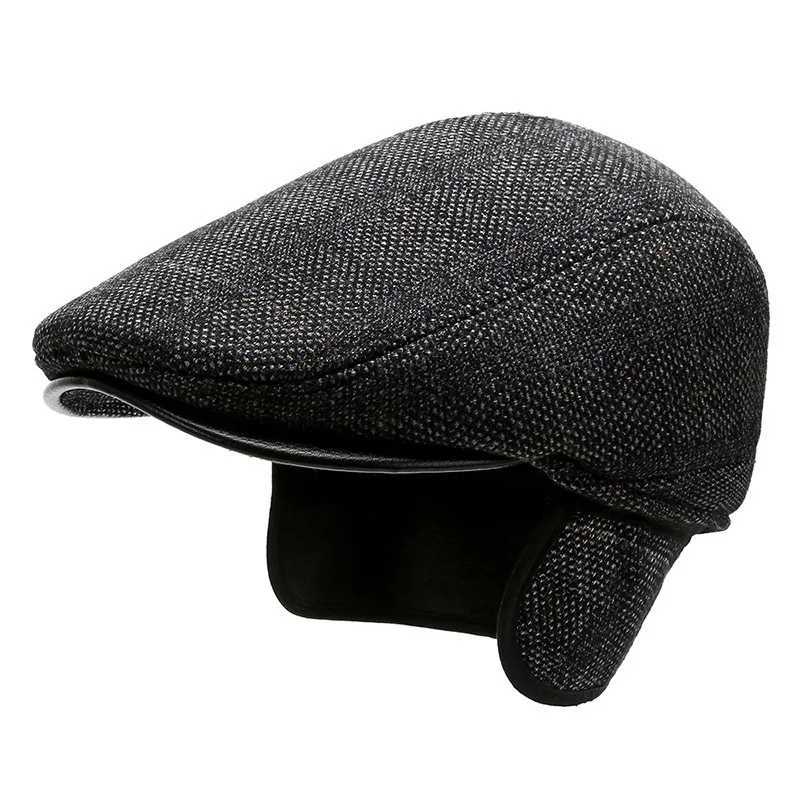 Berety jesienne i zimowe męskie beret ciepłe ochronne ucha Tweed Cap Sunshade Cotton Cap Otgokowa czapka Old Man Cap Malarze Cap D240417