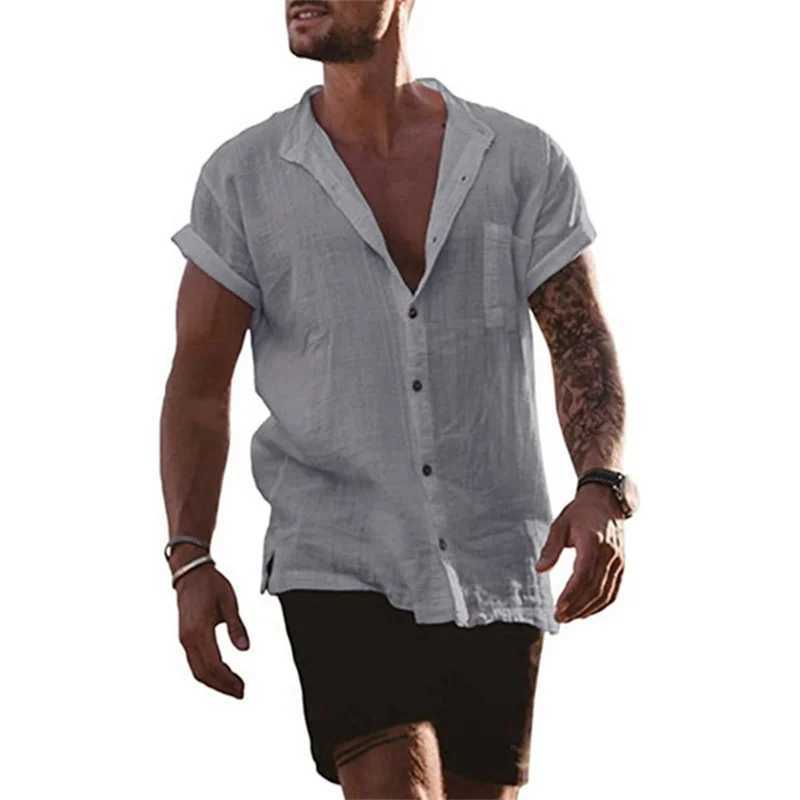 SK97 Men's Casual Shirts Cotton Linen Hot Sale Mens Short-Sleeved Summer Solid Color Stand-Up Collar Beach Style Plus Size 240417