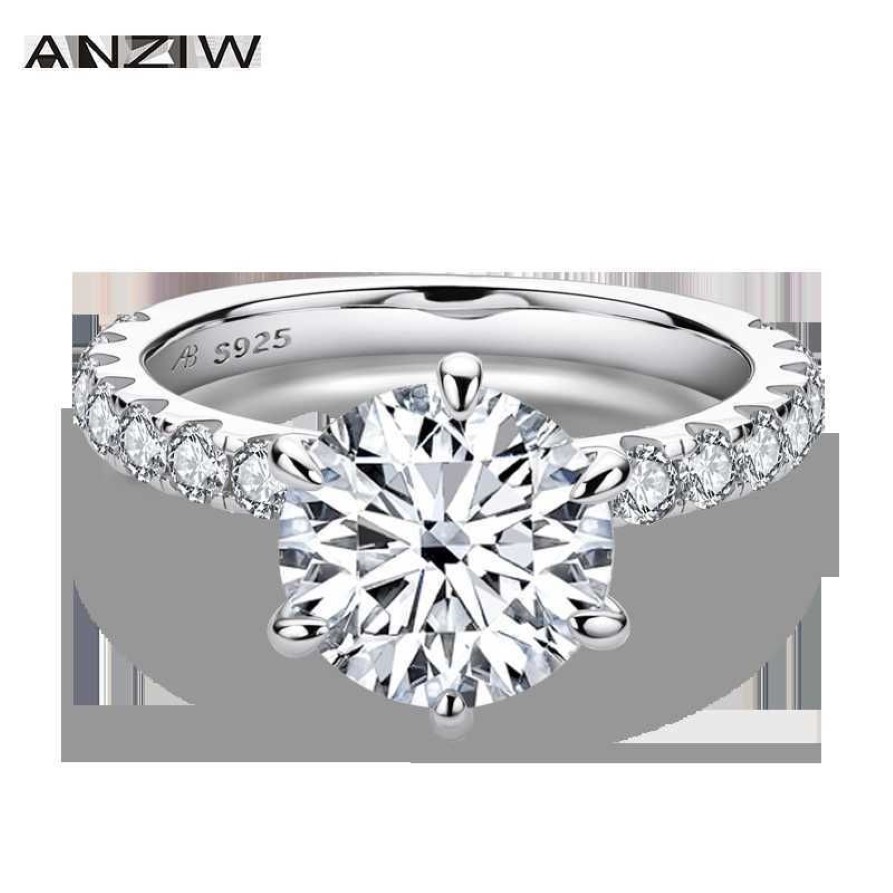 ANZIW 925 STERLING SILVER 4CTラウンドカットリング女性用6プロングシミュレートされたダイヤモンドエンゲージメントウェディングバンドリングジュエリー224V