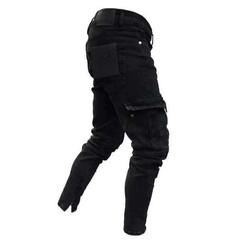 Men's Jeans Mens Stretch Black Big Side Pockets Cargo Fashion Zipper Small Foot Denim Pants Elastic Jogging Trousers Streetwear d240417