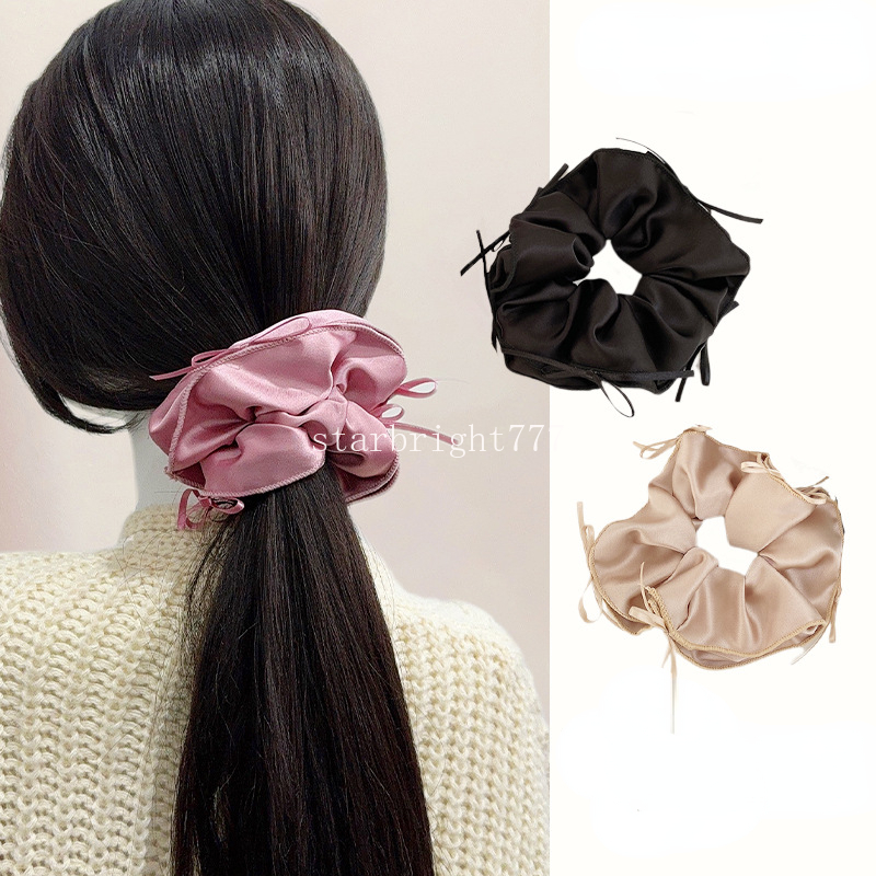 Sweet Ballet Style Large Scrunchie Hairband With Silk Ribbon Solid Color Bow Knot Ideal For Pure Daily Wear For Ladies Girls