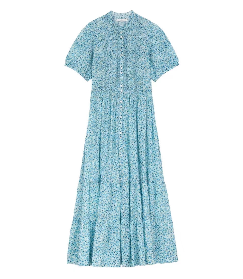 French Doen Haleigh 2024 Sommar Ny retro blå blommig tryckklänning V-ringning Front Bubble Bubble Sleeve Dress med midjeband och fiskstjärna lång kjol