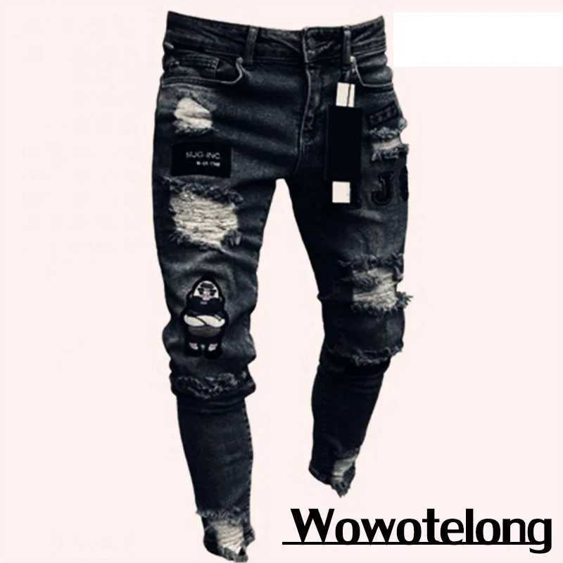 Pantalon pour hommes Nouveaux jeans blancs blancs hommes en coton étendus jean skinny déchiré de haute qualité hop trou noir slim fit oversinim pantl2403