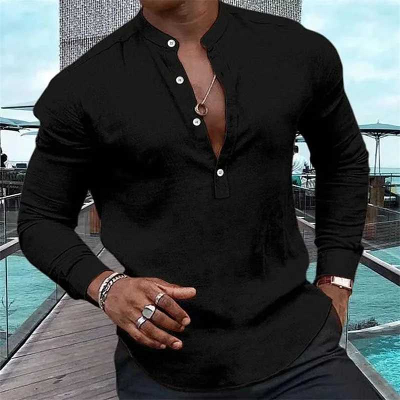 Men's Casual Shirts Fashion shirt mens Henry solid color half-open button stand collar muscular tops street soft and comfortable 2023 new top 24416