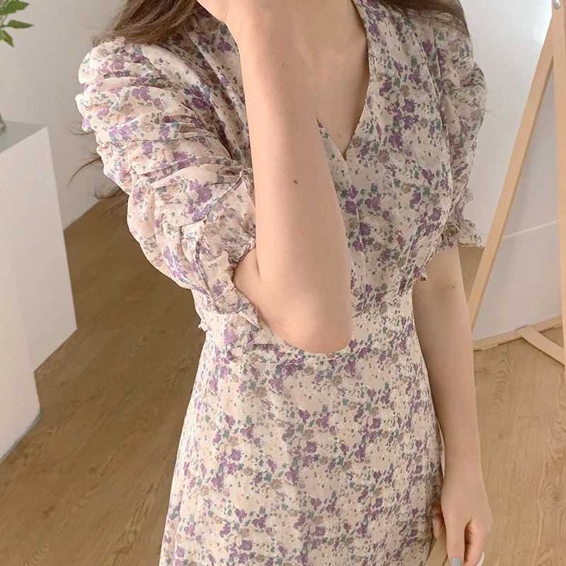 Basic Casual Dresses New Fashion Chiffon Floral Long Dress Women 2024 Office Lady Summer Short Sleeve Evening Party Dresses Printing V Neck Robe 9813