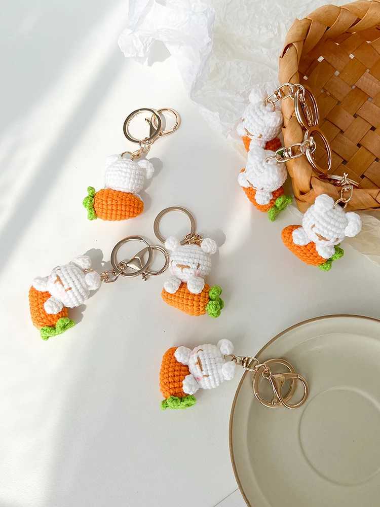 Keychains Lanyards Cute Keychains With Rabbit Pendant Keyrings Wholesale Creative Knitted Carrot Rabbit Car Keychains Girls Keys Accessories