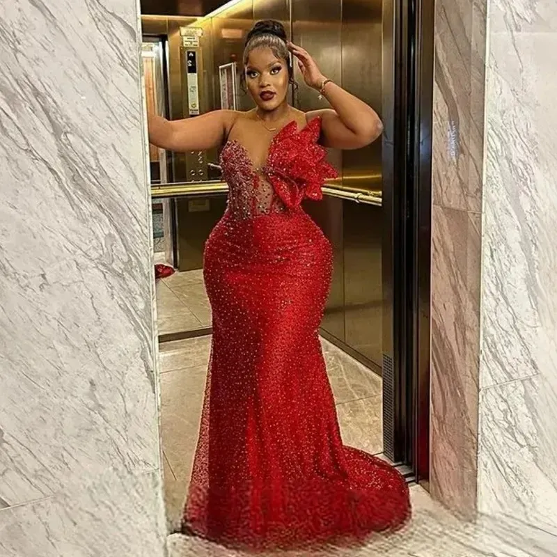 Plus Size Red African Girls Prom Dresses Shiny Sequins Beaded Unique Tiered Decor Women Formal Gowns Sweep Train Mermaid Second Reception Engagement Dress CL3083