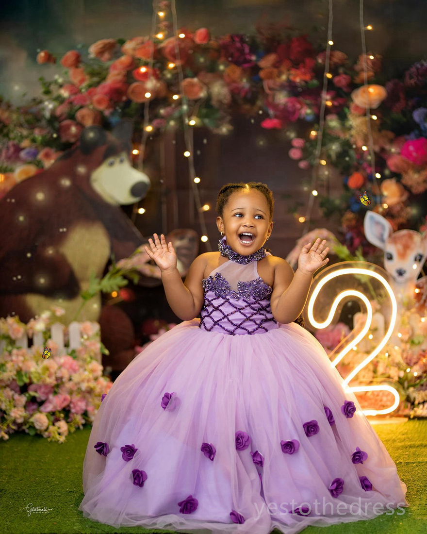 2024 Purple Little Girls Birthday Dress Flower Girl Dress Communion Gowns Halter Pearls Beaded Crystal Princess Queen Birthday Party Dress for Cute Little Girl F127