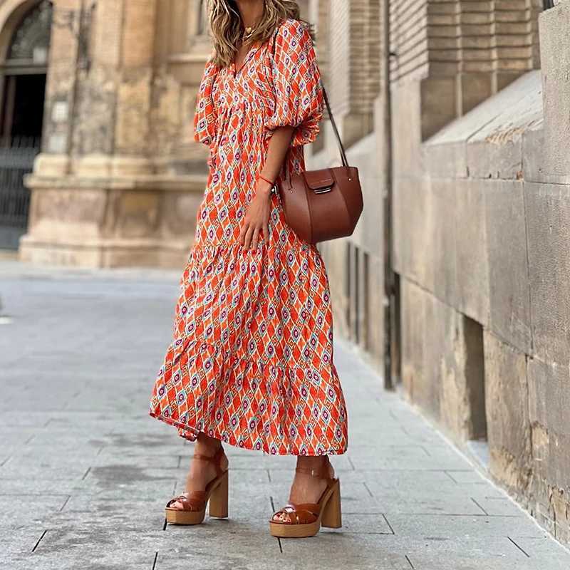 Basic Casual Dresses Puff Sleeve Boho Maxi Dress Elegant Women Summer 2022 Casual Floral Drawstring V-Neck Loose Holiday Beach Dresses Party Vestidos