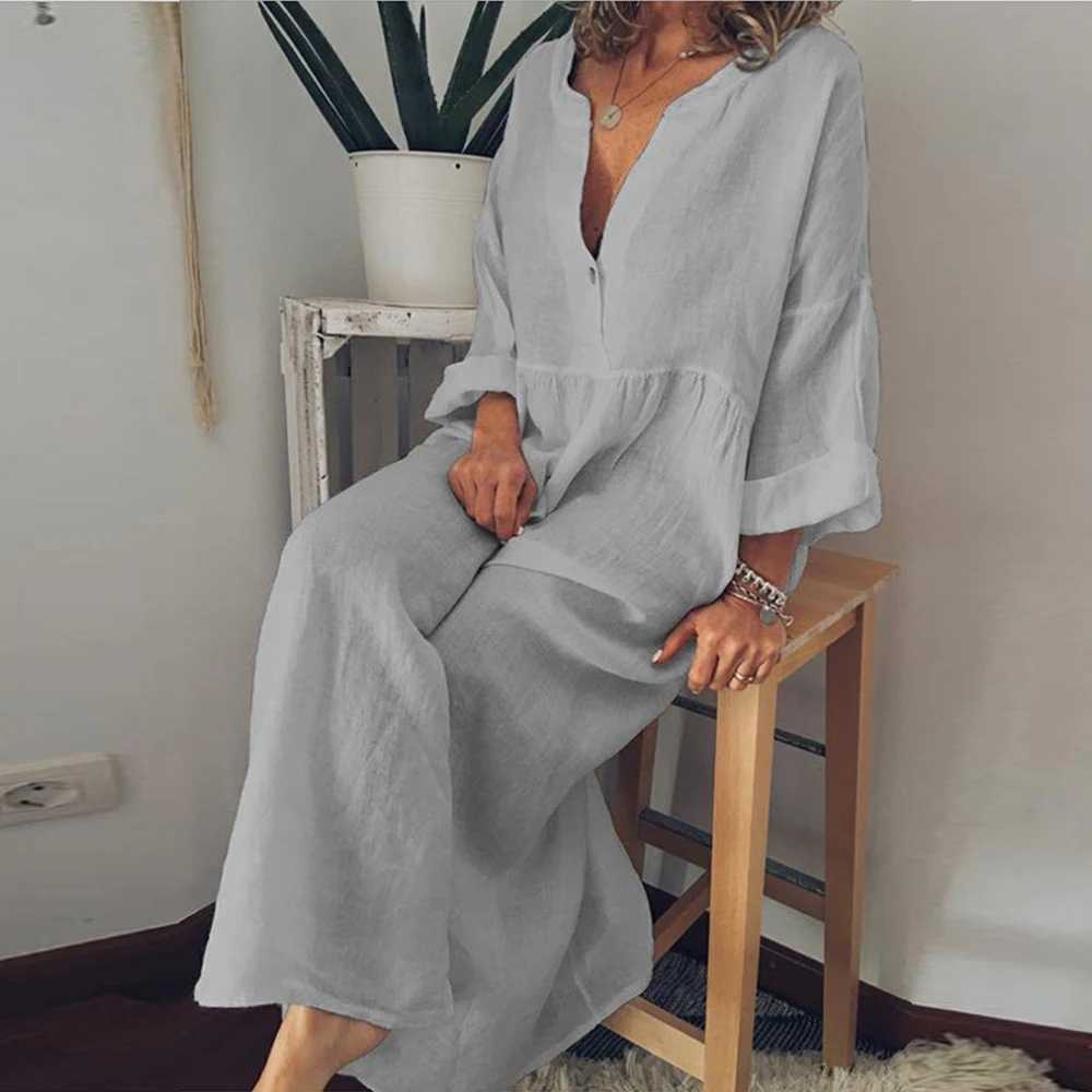 Robes décontractées de base Robe longue en lin en coton pour femmes 2024 Couleur pure pure Casual à manches courte robe plage de vestige de vêtements féminins