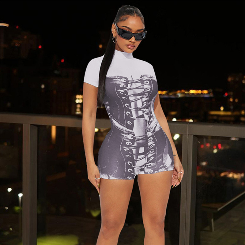 Designer Short Sleeve Rompers Summer Women Bodycon Jumpsuits Casual Printing Playsuits One Piece Bodysuits Night Club Wear Wholesale Clothing 10985