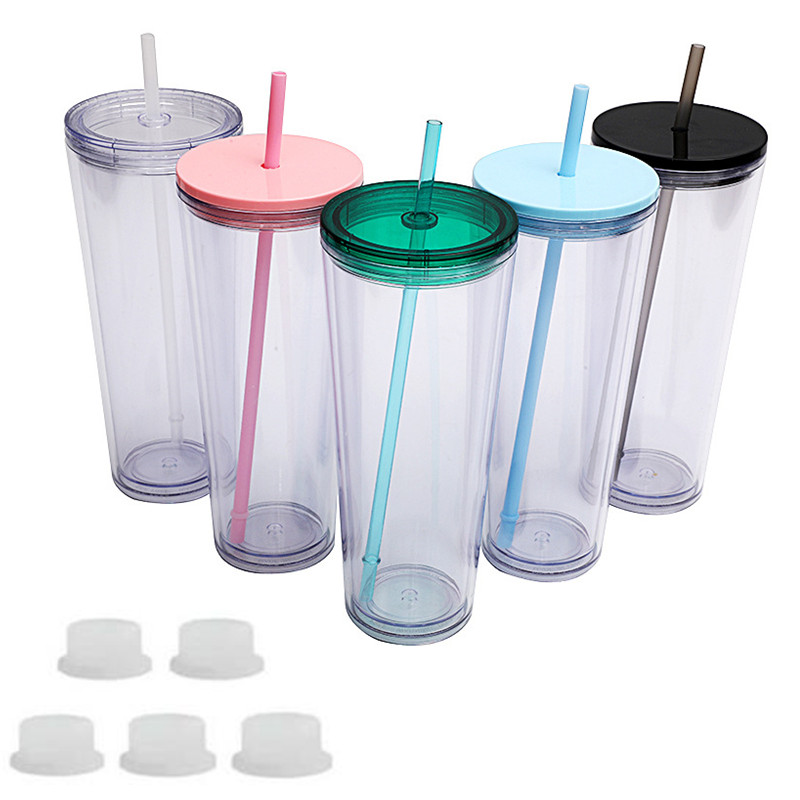 24oz Snow Globe Akryl Tumbler Plastkoppar Dubbelväggisolerad transparent Sippy Cup Drinking Mugg med platta lock Strå och förborrerad hålsilikonpropp