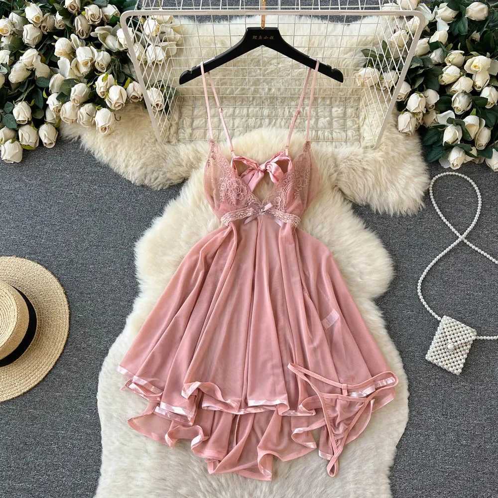 Basic Casual Dresses Strap Bow Hot Women Nightwear Mesh Sexy Night Dress Thin Tansparent Lace Pajamas Dress+Thong 2024 Lady Romantic Backless Nightie