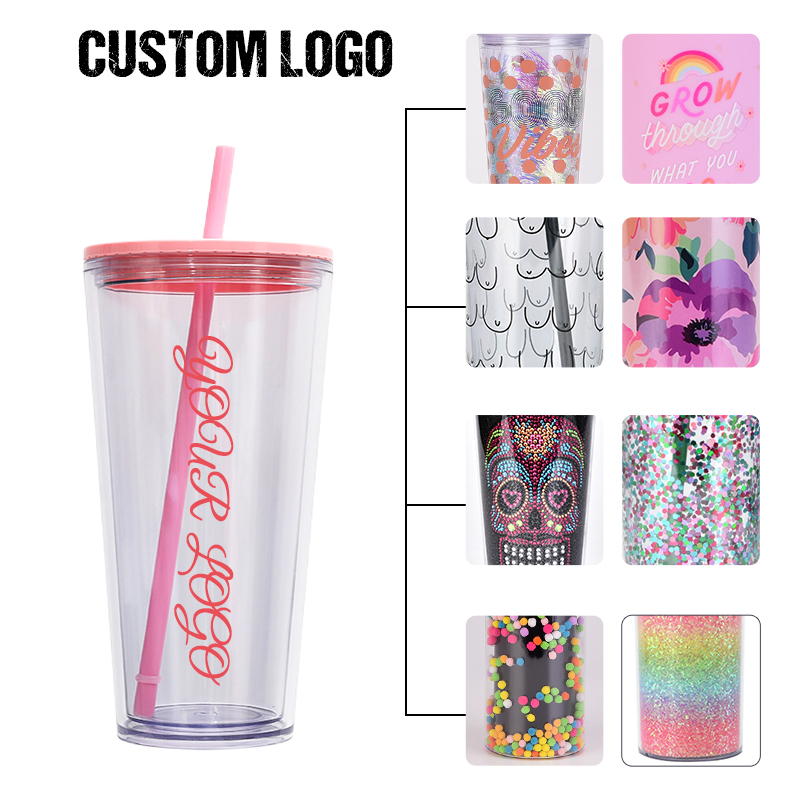 24oz Snow Globe Akryl Tumbler Plastkoppar Dubbelväggisolerad transparent Sippy Cup Drinking Mugg med platta lock Strå och förborrerad hålsilikonpropp