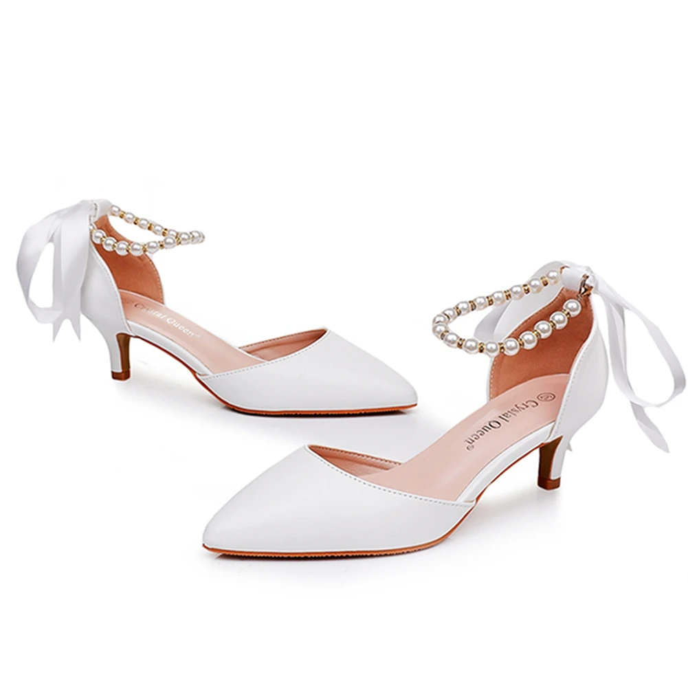 نيو نساء من الخنائيات Whitepearl Ribbon Dress Shoes Party 5cm High Heels Alegant White Pumps