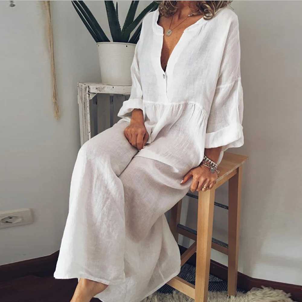 Robes décontractées de base Robe longue en lin en coton pour femmes 2024 Couleur pure pure Casual à manches courte robe plage de vestige de vêtements féminins