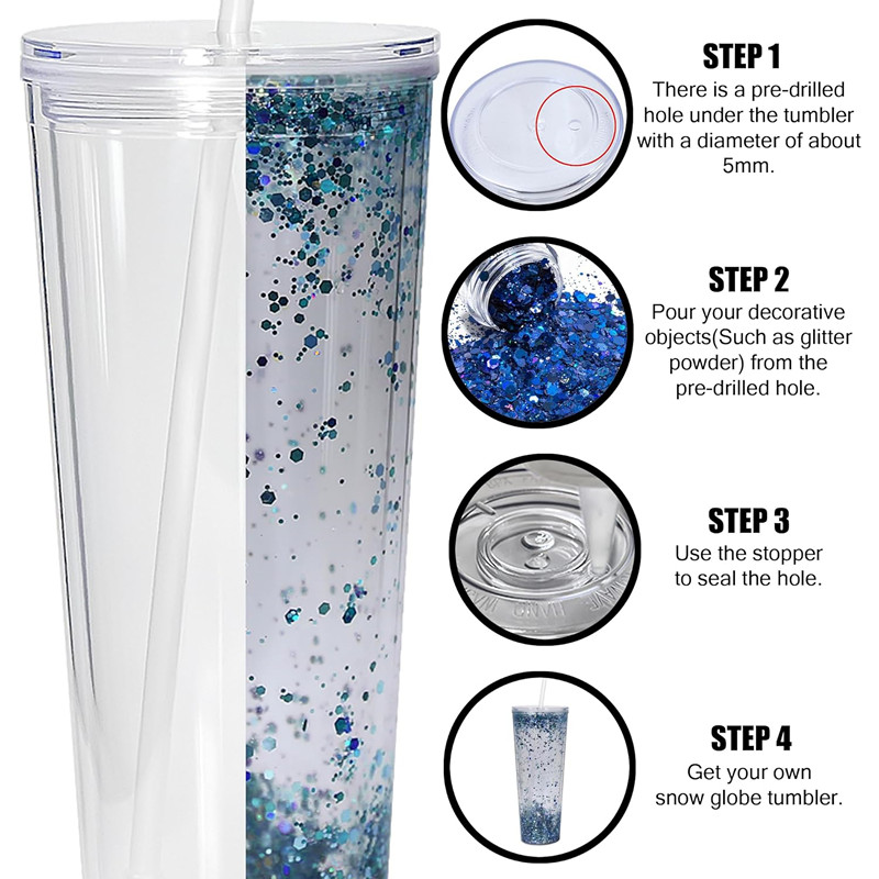 24oz Snow Globe Akryl Tumbler Plastkoppar Dubbelväggisolerad transparent Sippy Cup Drinking Mugg med platta lock Strå och förborrerad hålsilikonpropp