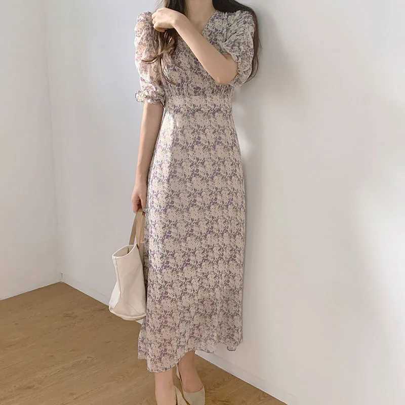 Basic Casual Dresses New Fashion Chiffon Floral Long Dress Women 2024 Office Lady Summer Short Sleeve Evening Party Dresses Printing V Neck Robe 9813